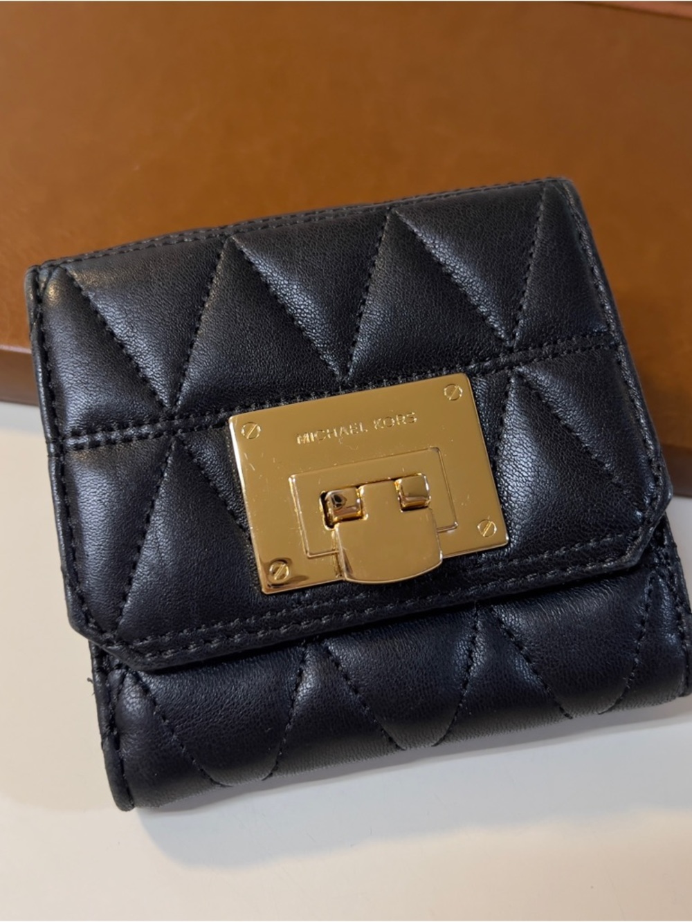 Michael Kors Black Vivianne Quilted Leather Pattern Gold tone Trifold Wallet